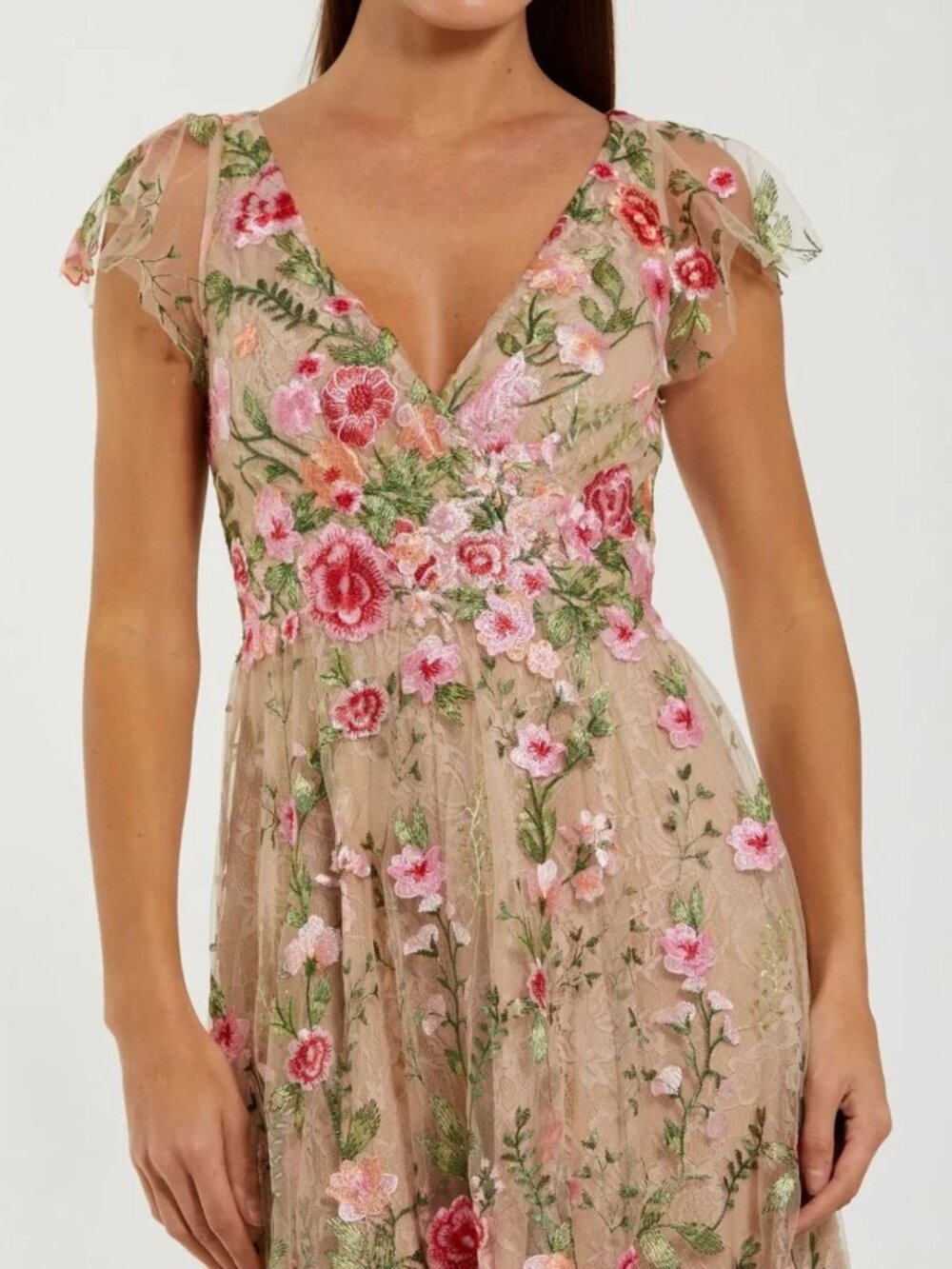 Mac Duggal Beige Floral Embroidered Flutter Sleeve Midi Dress 8 57173 - Picture 3 of 16